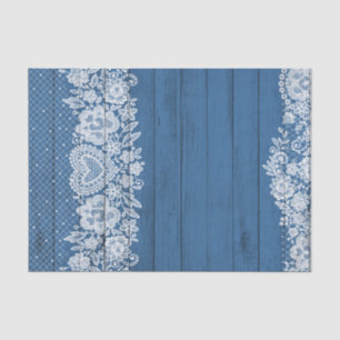 Papier Mousseline Blue Rustic Wood & White Lace Farmhouse Chic