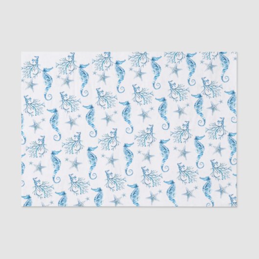 Papier Mousseline Blue Seahorse Starfish and Coral Coastal Thème (Recto)
