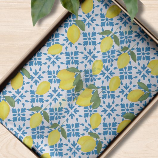 Papier Mousseline Blue Tile French Country Lemon Pattern