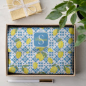 Papier Mousseline Blue Tile French Country Lemon Pattern Monogram  (Cadeau)