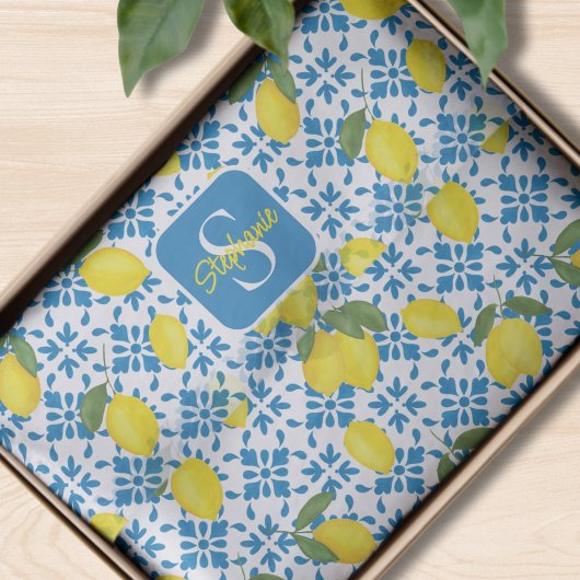 Papier Mousseline Blue Tile French Country Lemon Pattern Monogram 