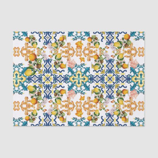 Papier Mousseline Blue Tiles Mediterranean Pattern (Recto)