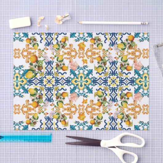 Papier Mousseline Blue Tiles Mediterranean Pattern (Artisanat)