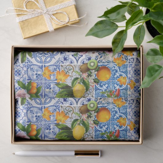 Papier Mousseline Blue Tiles Mediterranean Pattern (Cadeau)