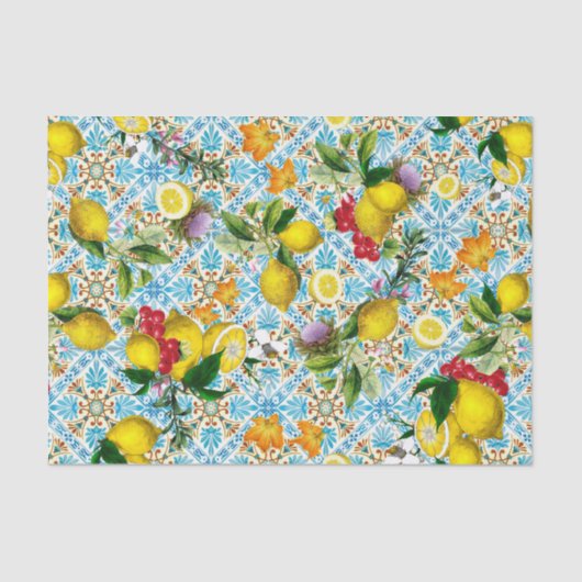 Papier Mousseline Blue Tiles Mediterranean Pattern (Recto)