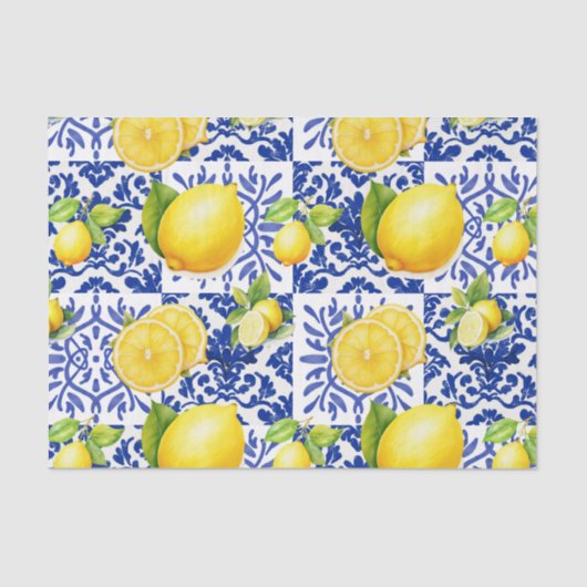 Papier Mousseline Blue White Lemon Tile Pattern Mediterranean Citrus (Recto)