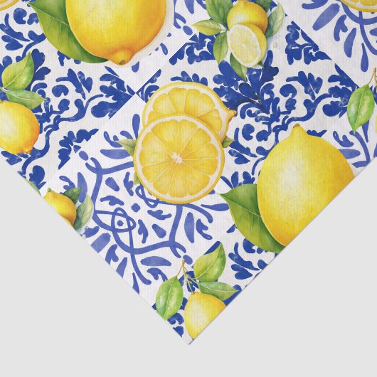 Papier Mousseline Blue White Lemon Tile Pattern Mediterranean Citrus (Détail)