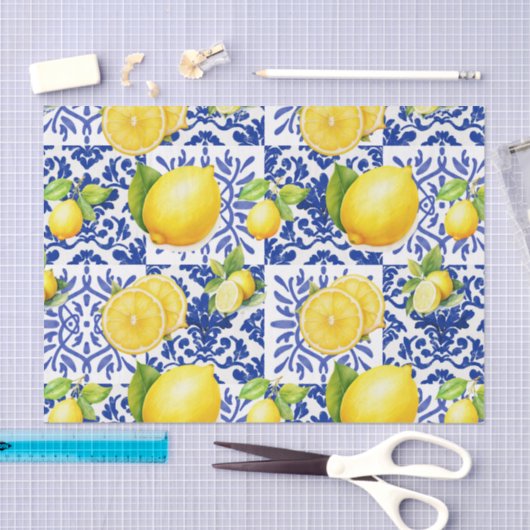 Papier Mousseline Blue White Lemon Tile Pattern Mediterranean Citrus (Artisanat)