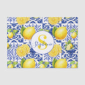 Papier Mousseline Blue White Lemon Tile Pattern Monogram Name Citrus (Recto)