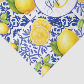 Papier Mousseline Blue White Lemon Tile Pattern Monogram Name Citrus (Détail)