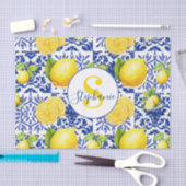 Papier Mousseline Blue White Lemon Tile Pattern Monogram Name Citrus (Artisanat)