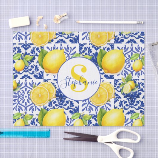 Papier Mousseline Blue White Lemon Tile Pattern Monogram Name Citrus (Artisanat)