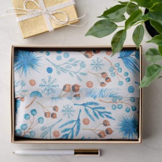 Papier Mousseline Blue Winter Botanical Pattern in Watercolor (Cadeau)