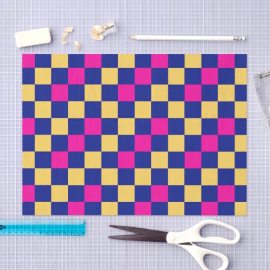 Papier Mousseline Blue Yellow Pink Checkered Pattern Design  (Artisanat)