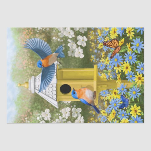 Papier Mousseline Bluebirds et Tall Yellow Birhouse (Recto)