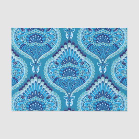 Papier Mousseline Blueish - Plumes Paisley (Recto)