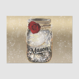 Papier Mousseline Bocal Mason Rose Rouge Glamour Pailleté Or