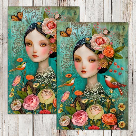 PAPIER MOUSSELINE BOHO BIRD AND FLOWER GIRL DECOUPAGE