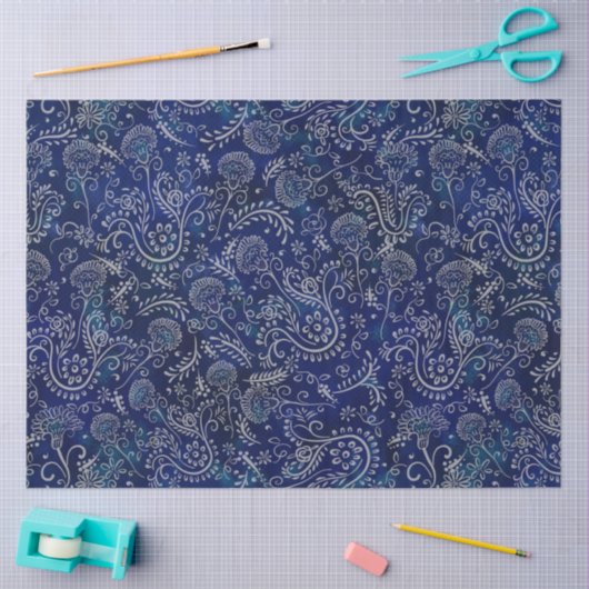 Papier Mousseline Boho Bleu Botaniques Belles Fleurs (Artisanat)