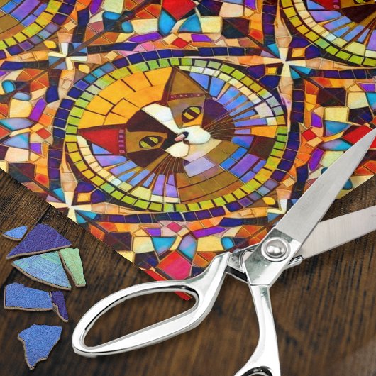 Papier Mousseline Boho Chat - Calico Portrait en mosaïque Carreaux a