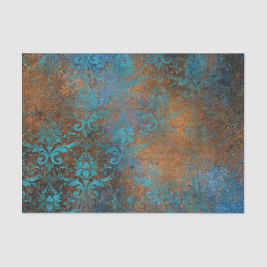 Papier Mousseline Boho Cuivre bleu Floral Damask Grunge (Recto)