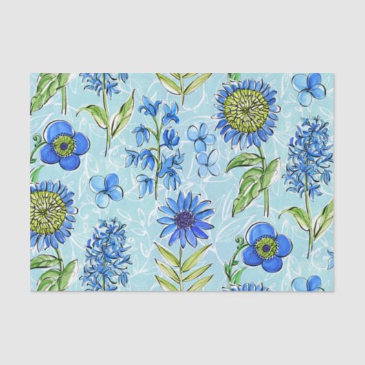 Papier Mousseline Boho Floral Blue Decoupage (Recto)