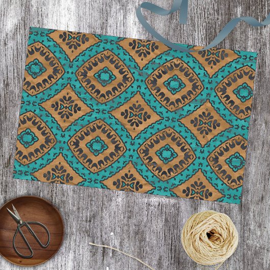 Papier Mousseline Boho Marocain Turquoise Et Motif De Bronze