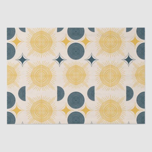 Papier Mousseline Boho Sun Moon Stars bleu jaune (Recto)