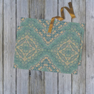 Papier Mousseline Boho Turquoise Et Beige Ancien En Danger