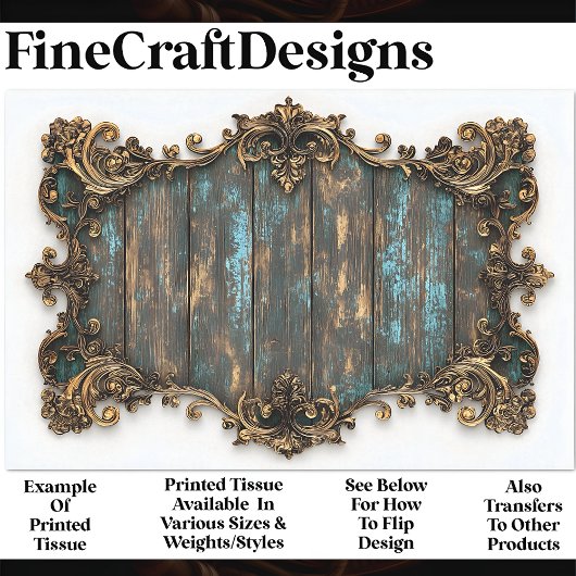 Papier Mousseline Bois d'âge turquoise, Bordure d'or Découpage AN7