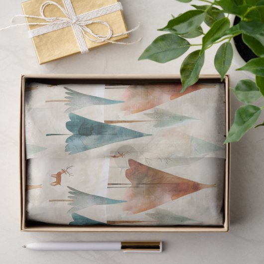 Papier Mousseline Bois d'hiver et cerfs (Cadeau)