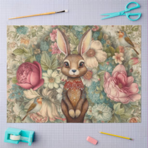 Papier Mousseline Bois Longue OEuvre de lapin et fleurs de cottage