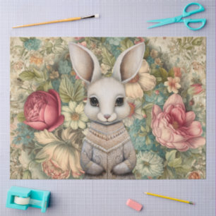 Papier Mousseline Bois Longue OEuvre de lapin et fleurs de cottage