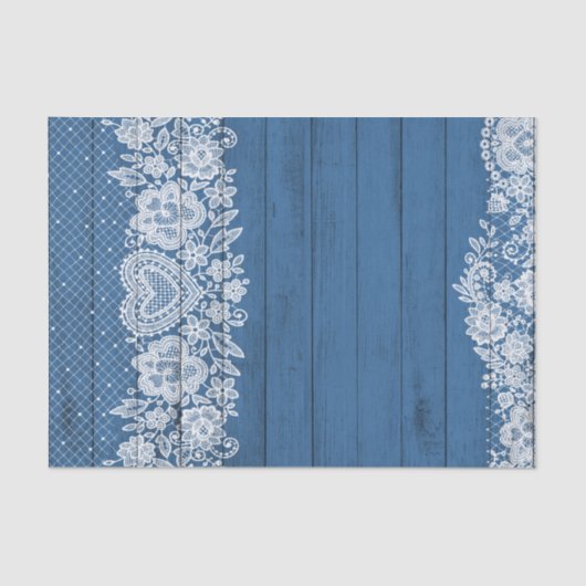 Papier Mousseline Bois Rustique Bleu & Dentelle Blanche Fermette Chi (Recto)