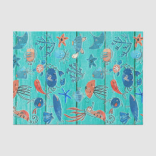 Papier Mousseline Bois sarcelle rustique & Amis fantaisistes sous la