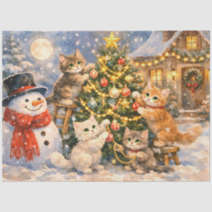 Papier Mousseline Bonhomme de neige et chatons décorant l'arbre de N