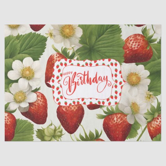 Papier Mousseline Bonne fraises d'anniversaire, Feuilles et fleurs (Recto)