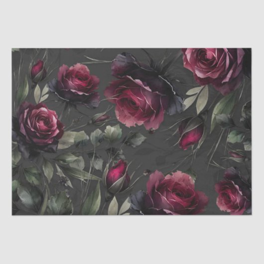 Papier Mousseline Bordeaux Red Roses Shadowy Grey Floral Mariage (Recto)