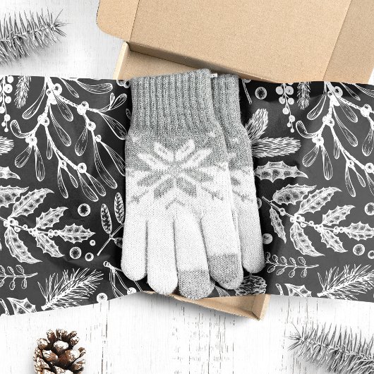 Papier Mousseline Botanique Noël Foliage Pine Berries Motif