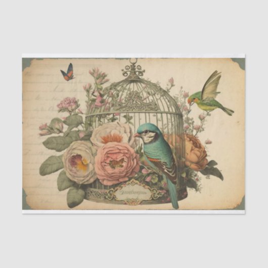 Papier Mousseline Bouleau vintage Oiseaux découpage fleuri vert (Recto)