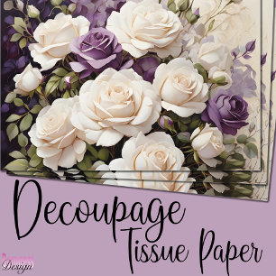 Papier Mousseline Bouquet floral de roses blanches violettes romanti