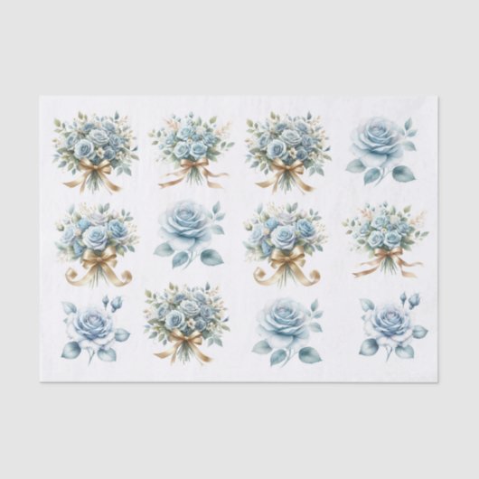 Papier Mousseline Bouquet Rose bleu or Ruban Ephémère Découpage (Recto)