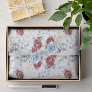 Papier Mousseline Bourgogne Rouge et Bleu Poussiéreux Floral Botaniq