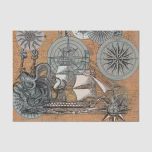 Papier Mousseline Boussole Rose Vintage Nautique Octopus Ship