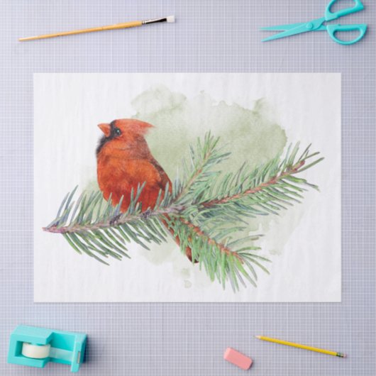 Papier Mousseline Branches cardinales et pins Aquarelle (Artisanat)