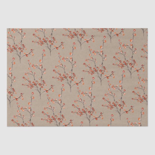 Papier Mousseline Branches de Berry Rustique Kraft Red Ilex (Recto)