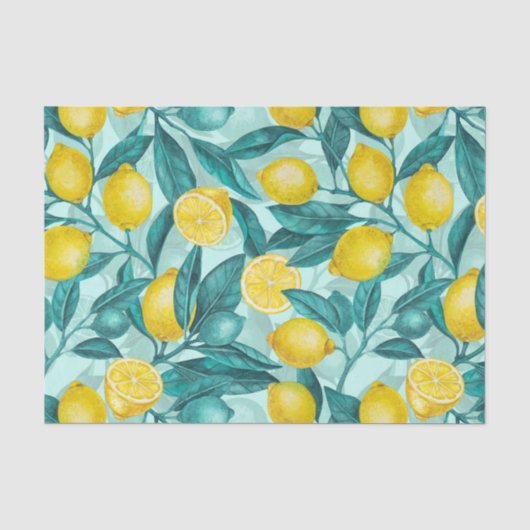 Papier Mousseline Branches de citron bleu et jaune (Recto)