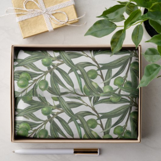 Papier Mousseline Branches d'olive sur blanc (Cadeau)