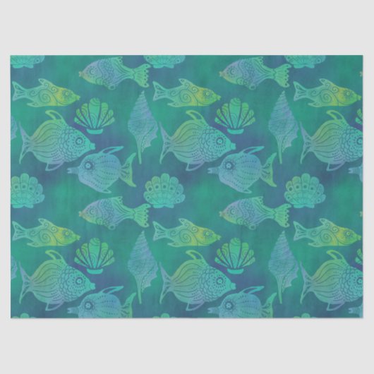 Papier Mousseline Bright Green Fish and Shell Decoupage  (Recto)