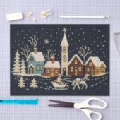 Papier Mousseline Broderie Noël Snowy Village Scène Bleu (Artisanat)